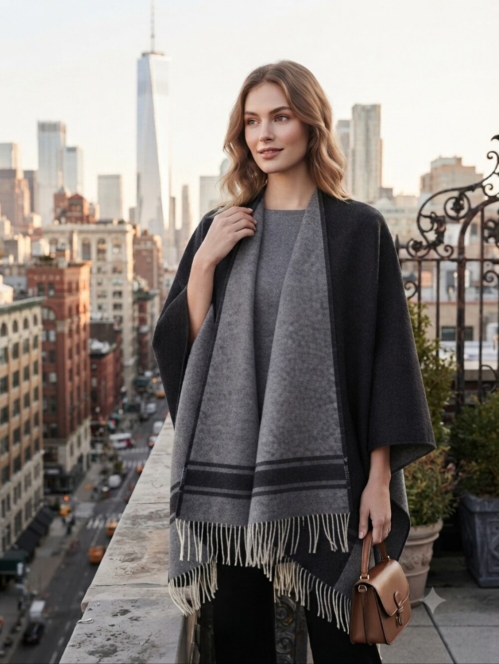 Eileen Fisher Reversible Cotton Cashmere Striped Poncho